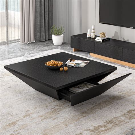 Modern Black Square Coffee Table with Drawer - Fully Assembled