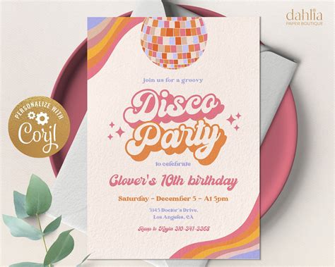 Disco party birthday invitation editable retro groovy party invite boho hippie disco ball 70s ...