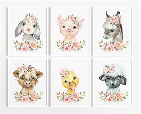 Farm Animal Prints, Watercolor Animals, Nursery Wall Art, Printable Wall Art, Flower Crown ...