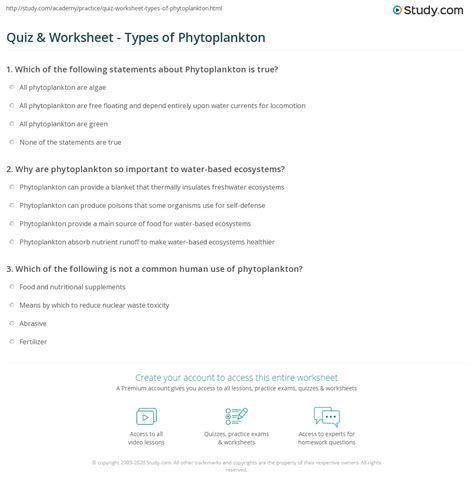 Quiz & Worksheet - Types of Phytoplankton | Study.com