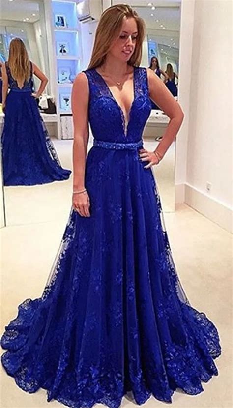 2017 Royal Blue A line Evening dresses V Neck Sleeveless Lace Appliques ...