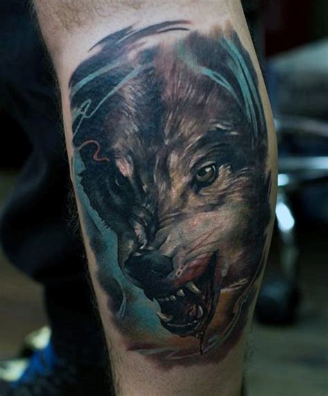 Horrifying painted colored evil wolf tattoo on leg - Tattooimages.biz