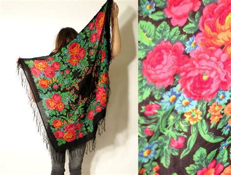 Vintage Russian Babushka Black Floral Scarf With Tassels – Haute Juice