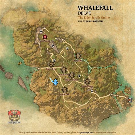 ESO Whalefall Delve Map with Skyshard and Boss location in High Isle & Amenos