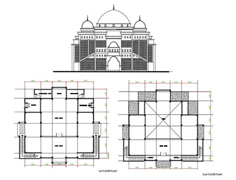 Mosque Plan And Front Elevation Design DWG File - Cadbull