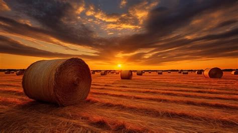 Premium AI Image | Golden Sunset Over Straw Bales Landscape