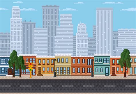 Pixel cityscape, 8 bit pixel art game landscape 12484301 Vector Art at ...