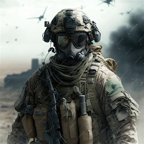 Premium Photo | A soldier in a gas mask and a gas mask stands in a desert.