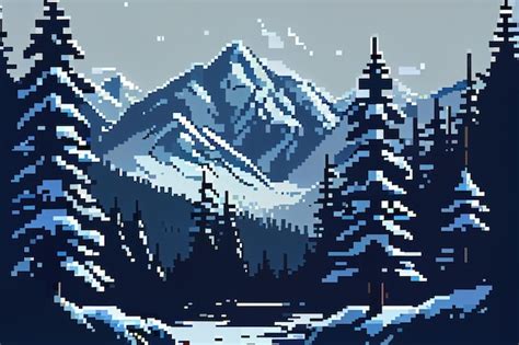 Premium AI Image | A pixel art of snowy mountains with a snowy mountain in the background.