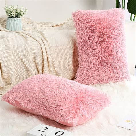 Piccocasa 2Pcs 12''x20'' Soft Fuzzy Faux Fur Throw Pillow Covers Decors Long Shaggy Cushion ...