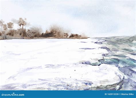 Abstract Winter Landscape of Forest and Snowy Field. Hand Drawn Watercolor Illustration Stock ...