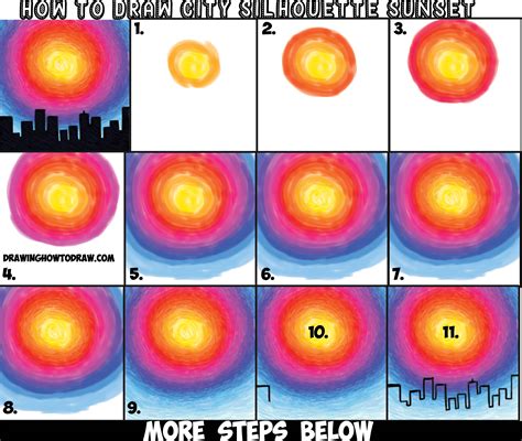 How to Draw or Paint Sunset with Black City Silhouette Cityscape Easy Step by Step with Colored ...