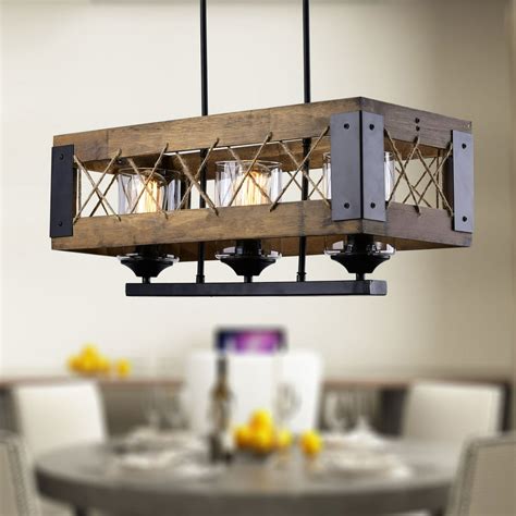 LNC Rustic Chandeliers 3-Light Kitchen Island Pendant Lighting Distressed Wood with Clear Glass ...