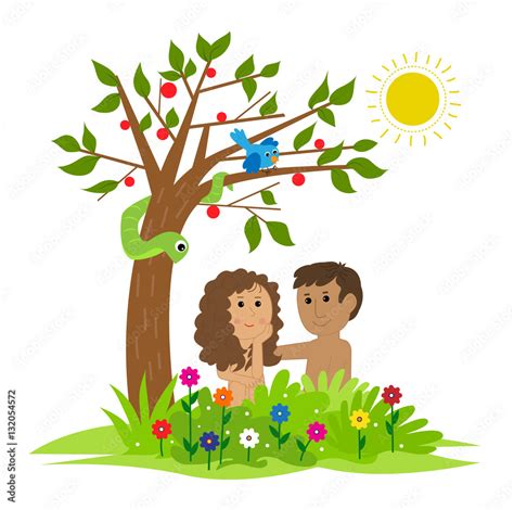 Adam and Eve - Cute clip art of Adam and Eve sitting under a tree in the garden of Eden. Eps10 ...