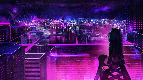 Download Animation Anime Girl Neon Purple City Wallpaper | Wallpapers.com