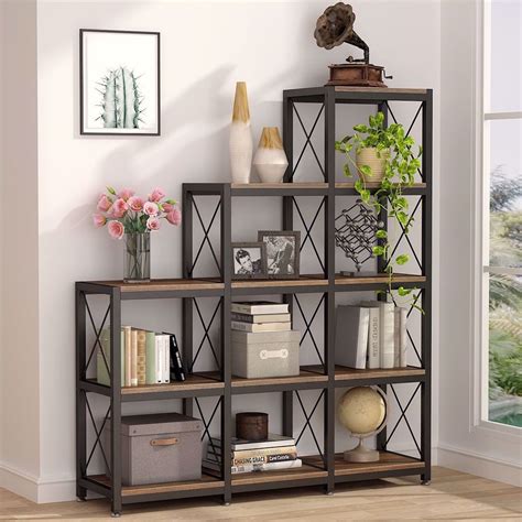 TribeSigns 12 Shelves Bookshelf, Industrial Ladder Corner Bookshelf 9 Cubes Stepped Etagere ...