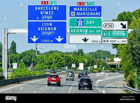 French toll AutoRoute motorway in Provence France gantry signs above A8 showing connecting ...