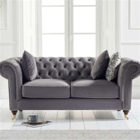 Grey Velvet 2 Seater Chesterfield Sofa [Camara] | Cheap-Furniture