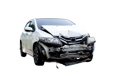 Front of white car get damaged by accident on the road. Broken cars after collision. auto ...