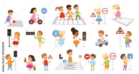 Road safety rules for children set. Kids crossing street along ...