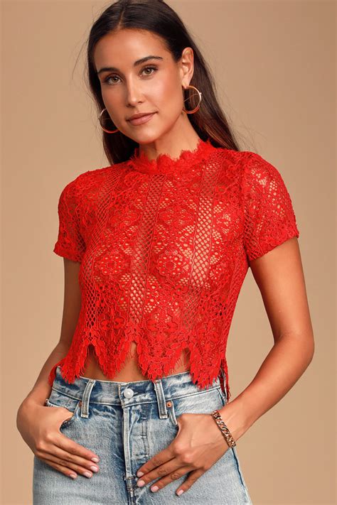 Pretty Red Lace Top - Red Lace Crop Top - Short Sleeve Lace Top