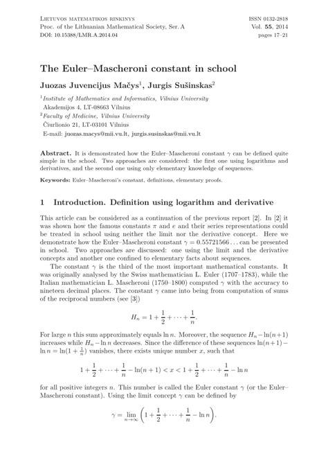 (PDF) The Euler–Mascheroni constant in school