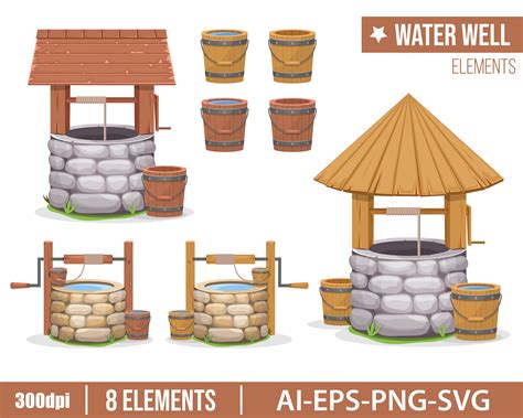 Old Water Well Clipart Vector Design Illustration. Water, Well, Medieval, Stone, Retro, Cartoon ...