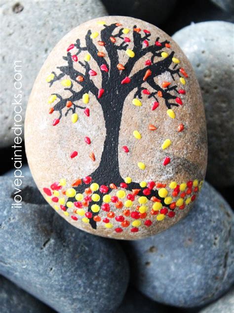 Fall Rock Painting Tutorial: Autumn Tree with Falling Leaves - I Love ...