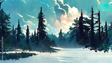 Digital painting, winter in the forest illustration. 4K wallpaper of national park. Background ...