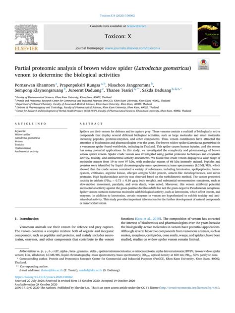 (PDF) Partial proteomic analysis of brown widow spider (Latrodectus geometricus) venom to ...