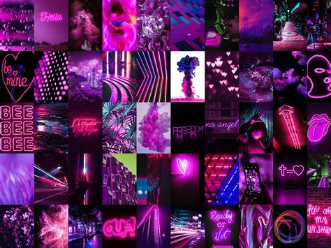 Neon purple pink aesthetic wall collage kit 50pcs digital | Etsy