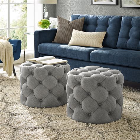 Inspired Home Perilous Linen Ottoman Allover Tufted Round Modern Contemporary 1 PC, Light Grey ...