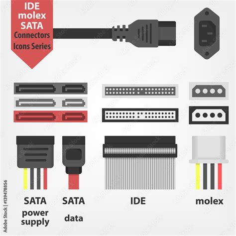 Hard Disk and PC power connectors. Sata IDE and molex Cables Vector Icon Illustration. Old and ...