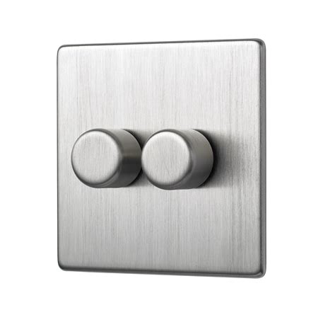 Satin Nickel Screwless Double Dimmer Switch - 2 Gang 120W LED - Wandsworth Electrical