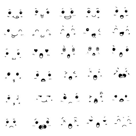 set of hand drawn vector doodle Kawaii cute faces emoticons icon sketch ...