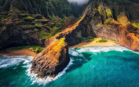 Wallpaper : 1920x1200 px, aerial view, beach, cliff, coast, Hawaii, Kauai, landscape, mountain ...