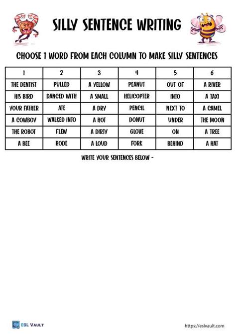 4 silly sentence worksheets - ESL Vault