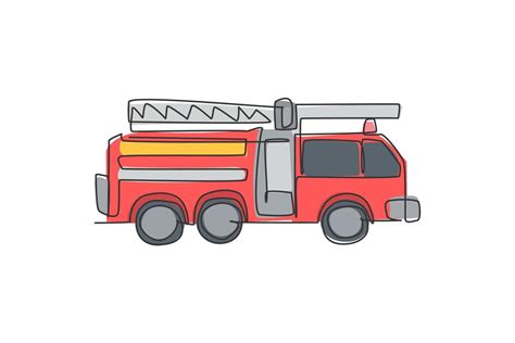 Continuous one line drawing of emergency road vehicle fire engine. Fire truck rescue as fire ...