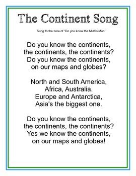 The Continent Song by Hi5 Homeschool | Teachers Pay Teachers