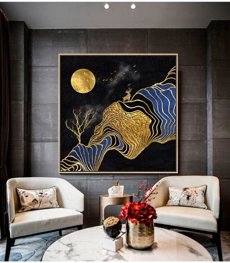 Original Chinese wall Art Golden full moon creative Black & | Etsy