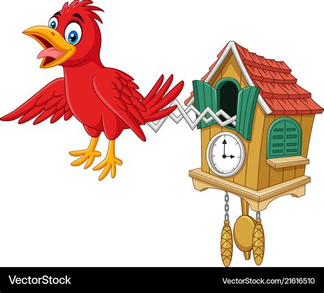 Cuckoo clock with red bird chirping Royalty Free Vector