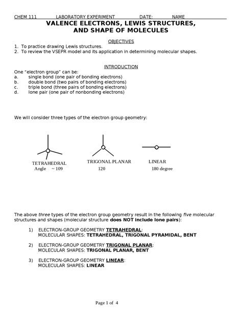 Valence Electrons, Lewis Structures, and Shape of Molecules | CHEM 111 - Docsity