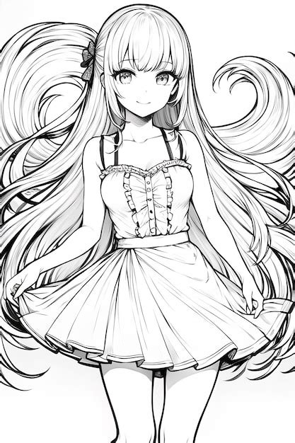 Black and white solid color line drawing anime cute cartoon girl character illustration ...