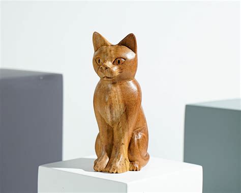 Cute Cat Wooden Sculpture Unique Wood Carving Wood Base - Etsy