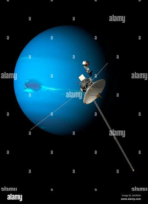 Voyager 2 and Neptune. Computer artwork of the Voyager 2 spacecraft approaching the planet ...