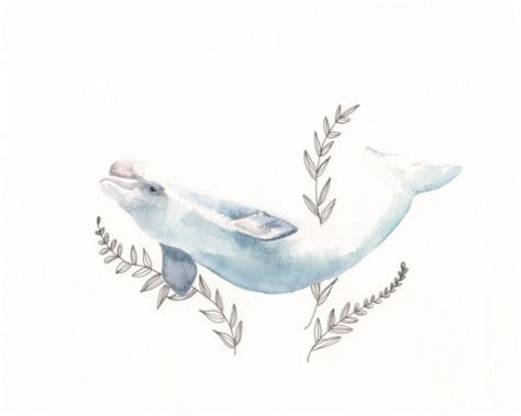 Whale watercolor painting Beluga whale art nautical nursery