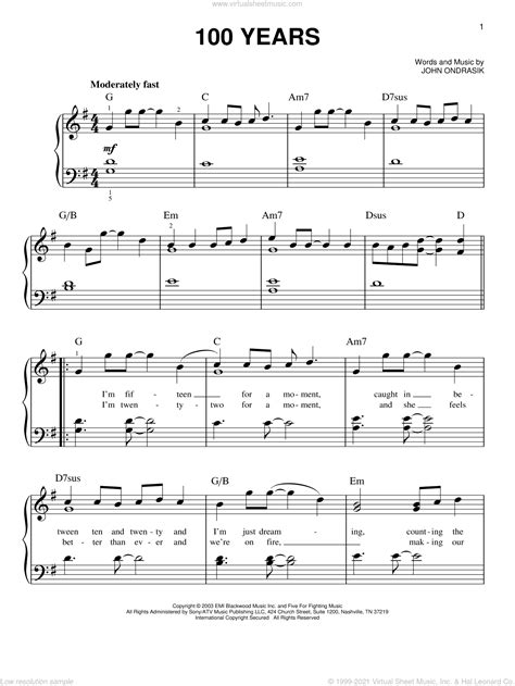 Fighting - 100 Years, (easy) sheet music for piano solo [PDF]