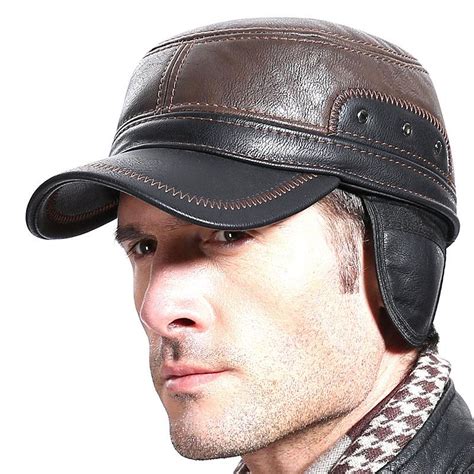 Men Leather Brown Baseball Cap with Adjustable Ear Muffs and Black Vis ...