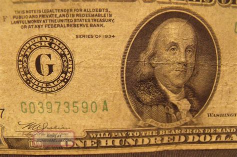 1934 $100 Dollar Bill Federal Reserve Note One Hundred Dollars Bank Of Chicago