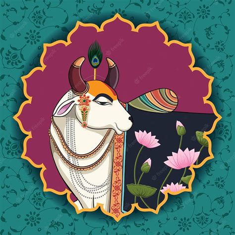 Premium Vector | Indian Traditional Cow Portrait Painting in a round design